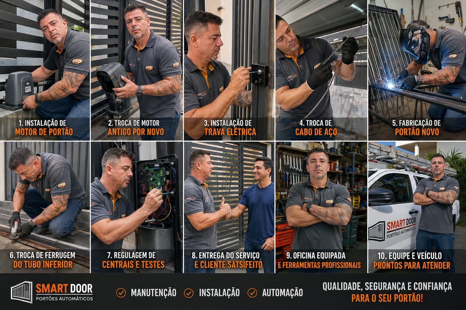Serviços SmartDoor: instalação de motor, troca de motor, instalação de trava elétrica, troca de cabo de aço, fabricação de portão, troca de ferrugem, regulagem de centrais, entrega do serviço, oficina equipada e equipe pronta para atender.